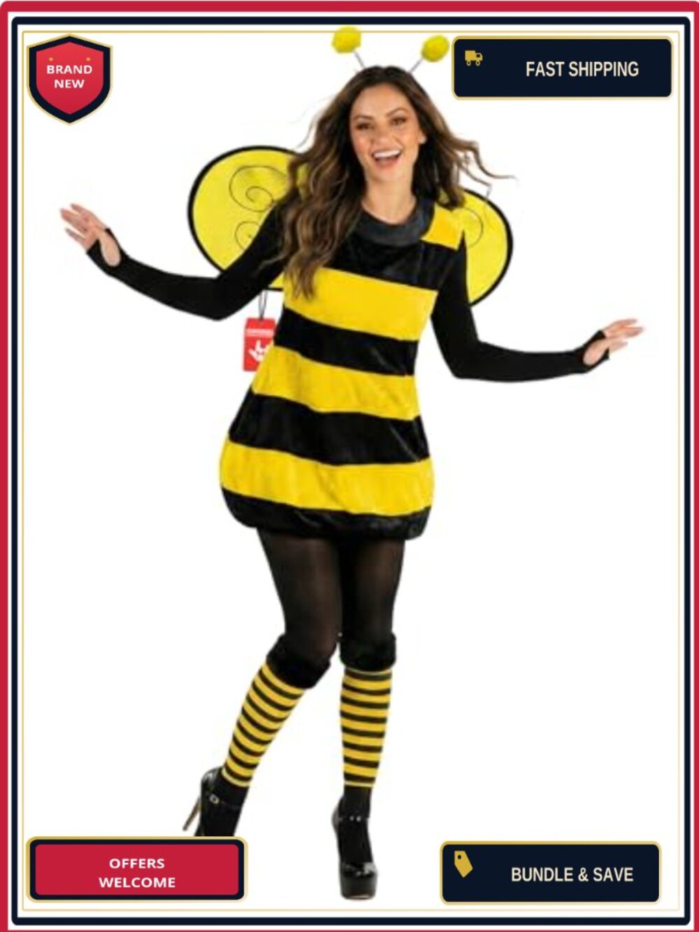 Bumble Bee Costume Adult Women Striped Tunic Wings Headband Halloween